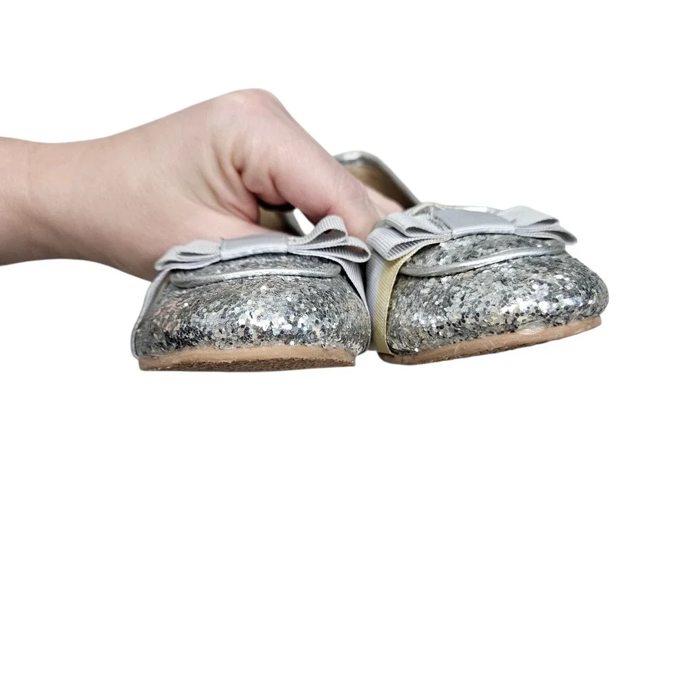 L'Amour Girls Silver Glitter Bow Flats Loafers Shoes Kids Size 11 Wedding School